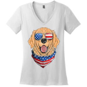 American Golden Retriever USA Flag 4th Of July Dad Mom Kids Women's V-Neck T-Shirt