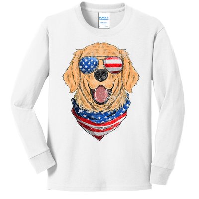 American Golden Retriever USA Flag 4th Of July Dad Mom Kids Kids Long Sleeve Shirt