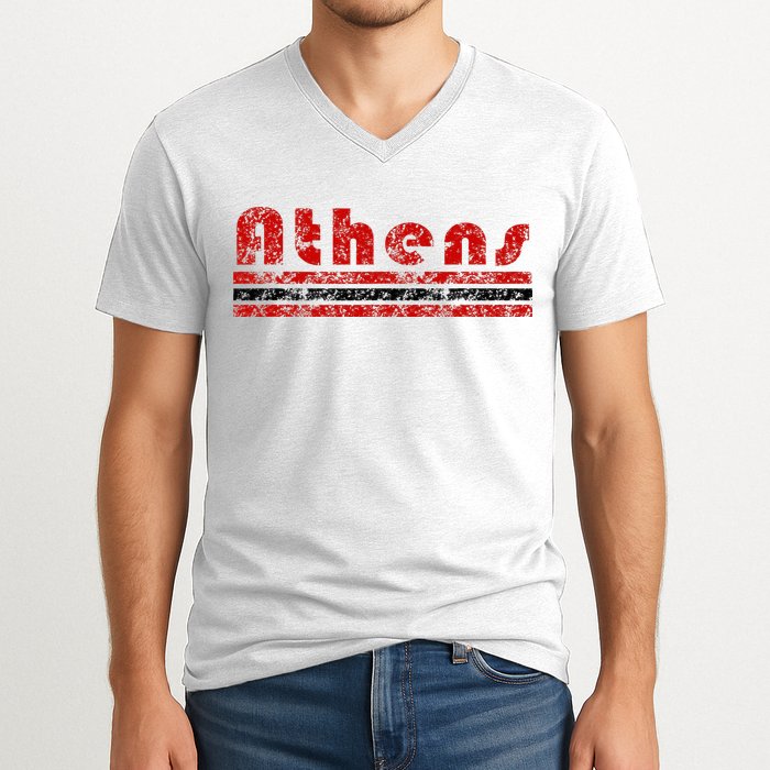 Athens Georgia Retro Three Stripe Weathered V-Neck T-Shirt