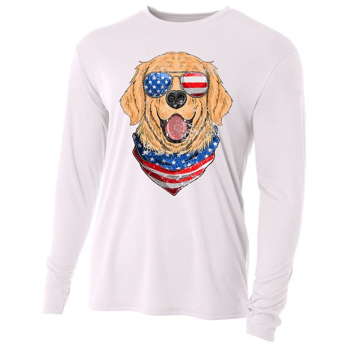 American Golden Retriever USA Flag 4th Of July Dad Mom Kids Cooling Performance Long Sleeve Crew