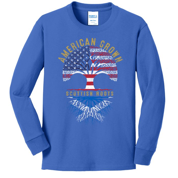 American Grown Scottish Roots Tree Flag Family Heritage Gift Kids Long Sleeve Shirt