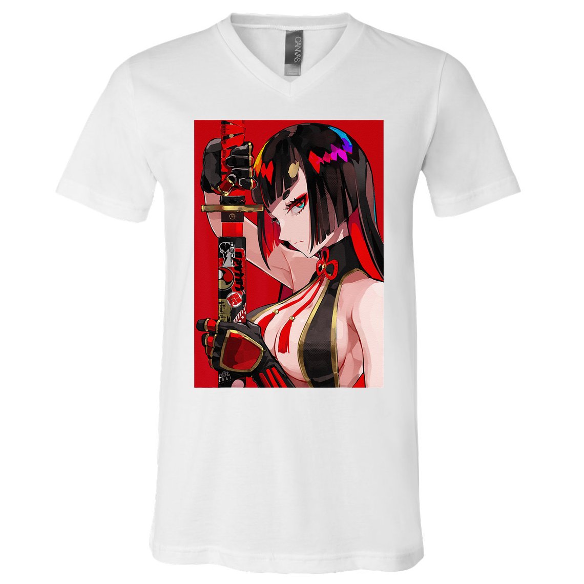 Anime Girl Samurai Waifu Japanese Aesthetic Otaku Weeb V-Neck T-Shirt