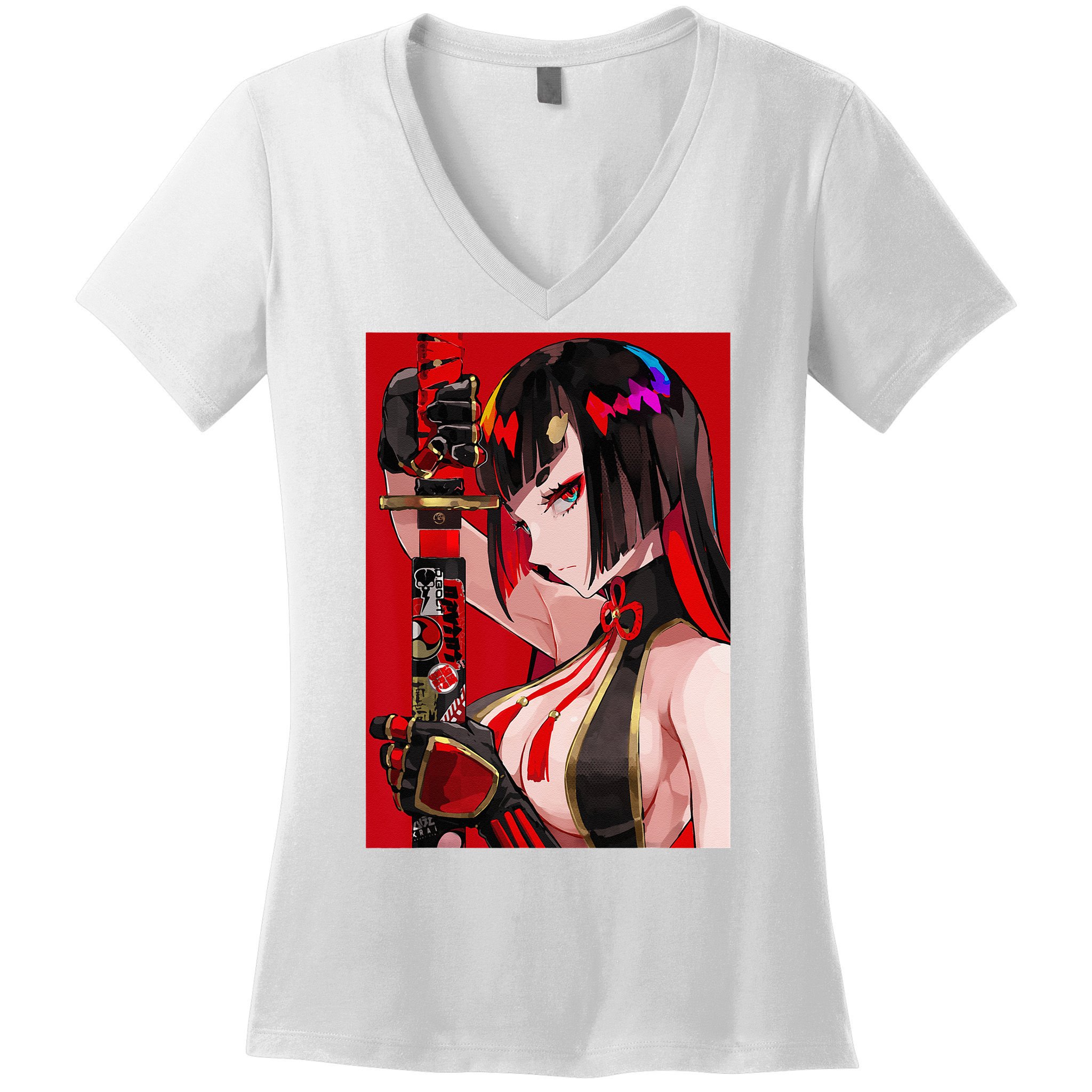 Anime Girl Samurai Waifu Japanese Aesthetic Otaku Weeb Women's V-Neck T-Shirt