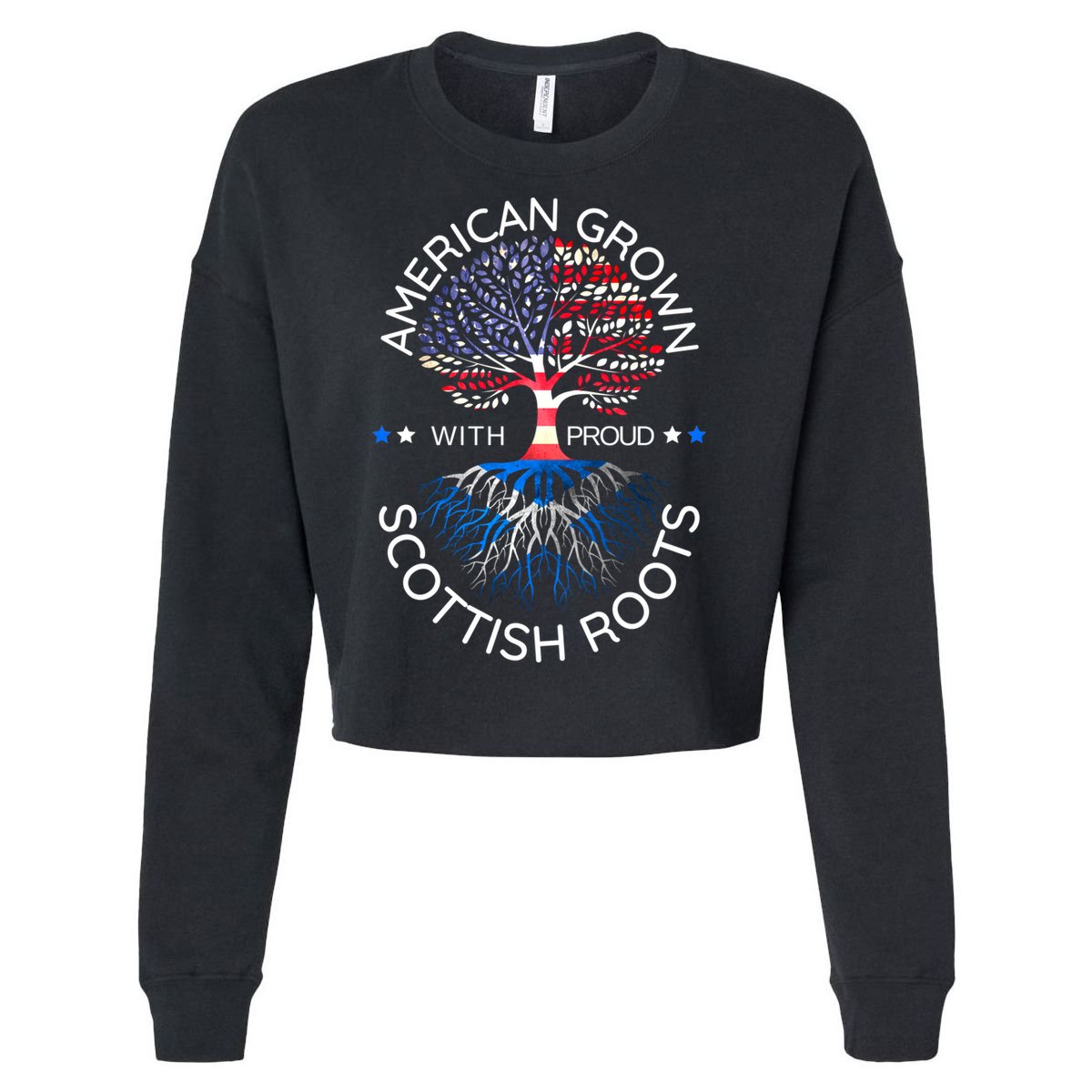 American Grown Scottish Roots Scotland Usa Heritage Tree Gift Cropped Pullover Crew