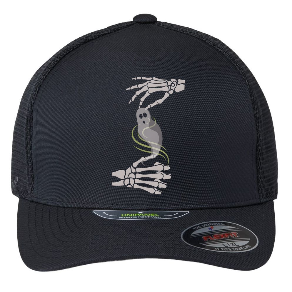 ASL Ghost Spooky Halloween For Deaf Community Flexfit Unipanel Trucker Cap