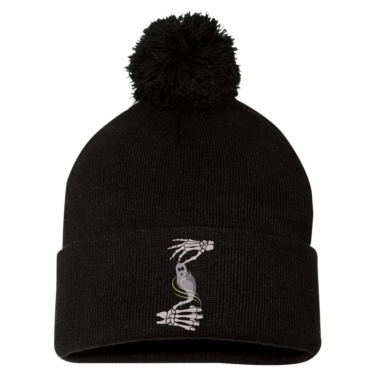 ASL Ghost Spooky Halloween For Deaf Community Pom Pom 12in Knit Beanie
