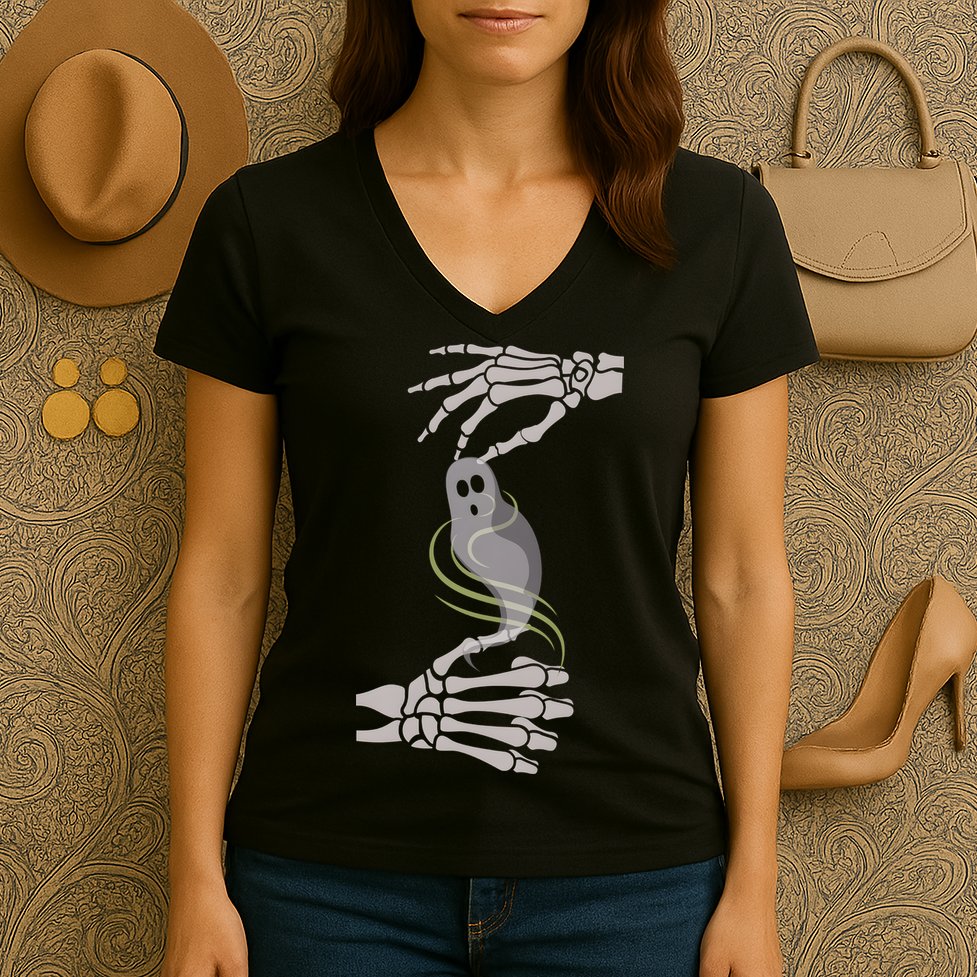 ASL Ghost Spooky Halloween For Deaf Community Women's V-Neck T-Shirt