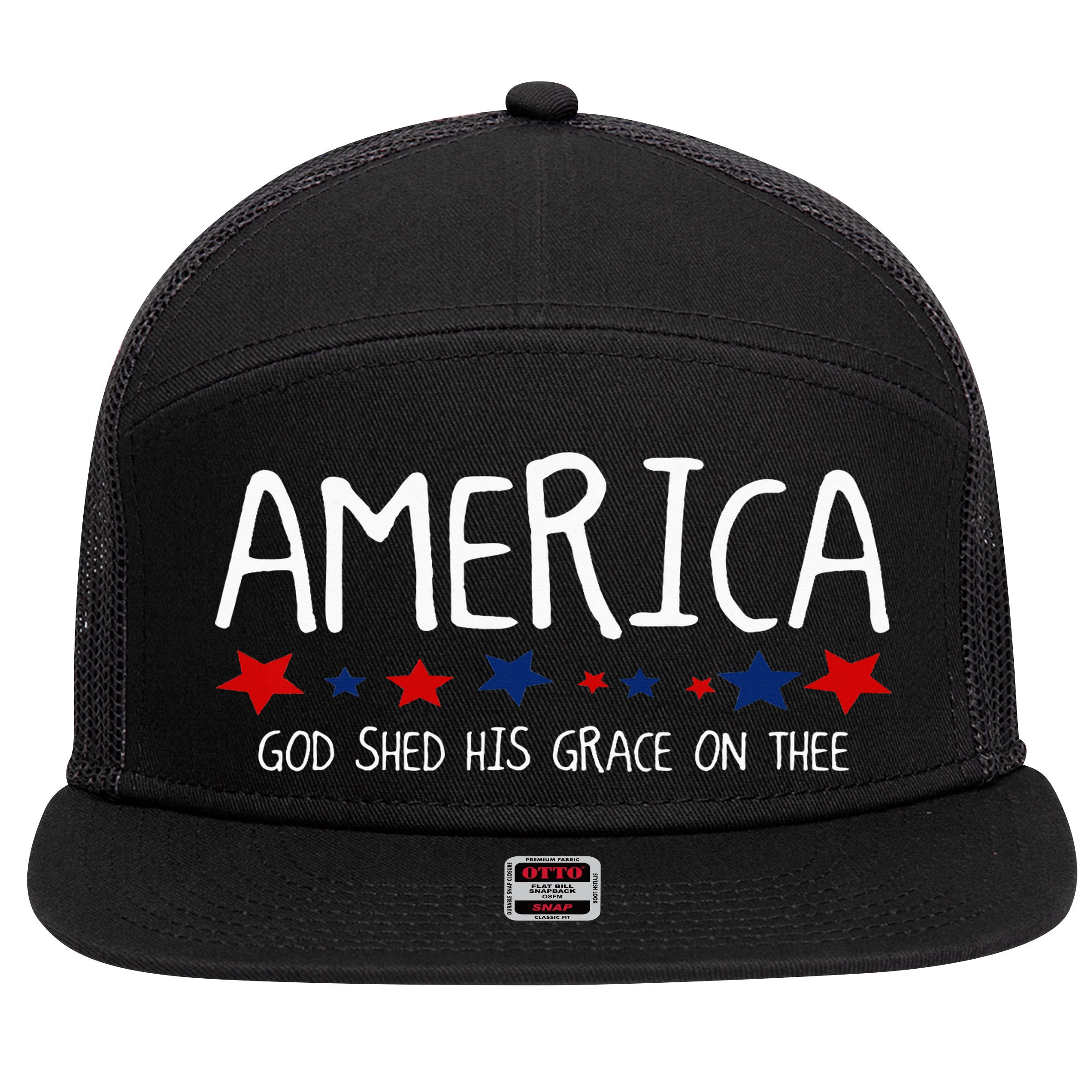 America God Shed His Grace on Thee Tee 4th of July 7 Panel Mesh Trucker Snapback Hat