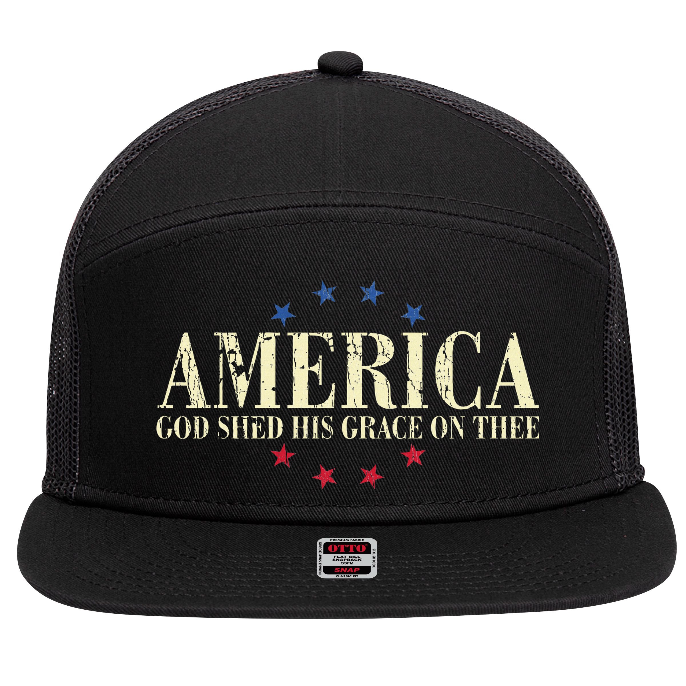America God Shed His Grace On Thee 4th Of July 7 Panel Mesh Trucker Snapback Hat