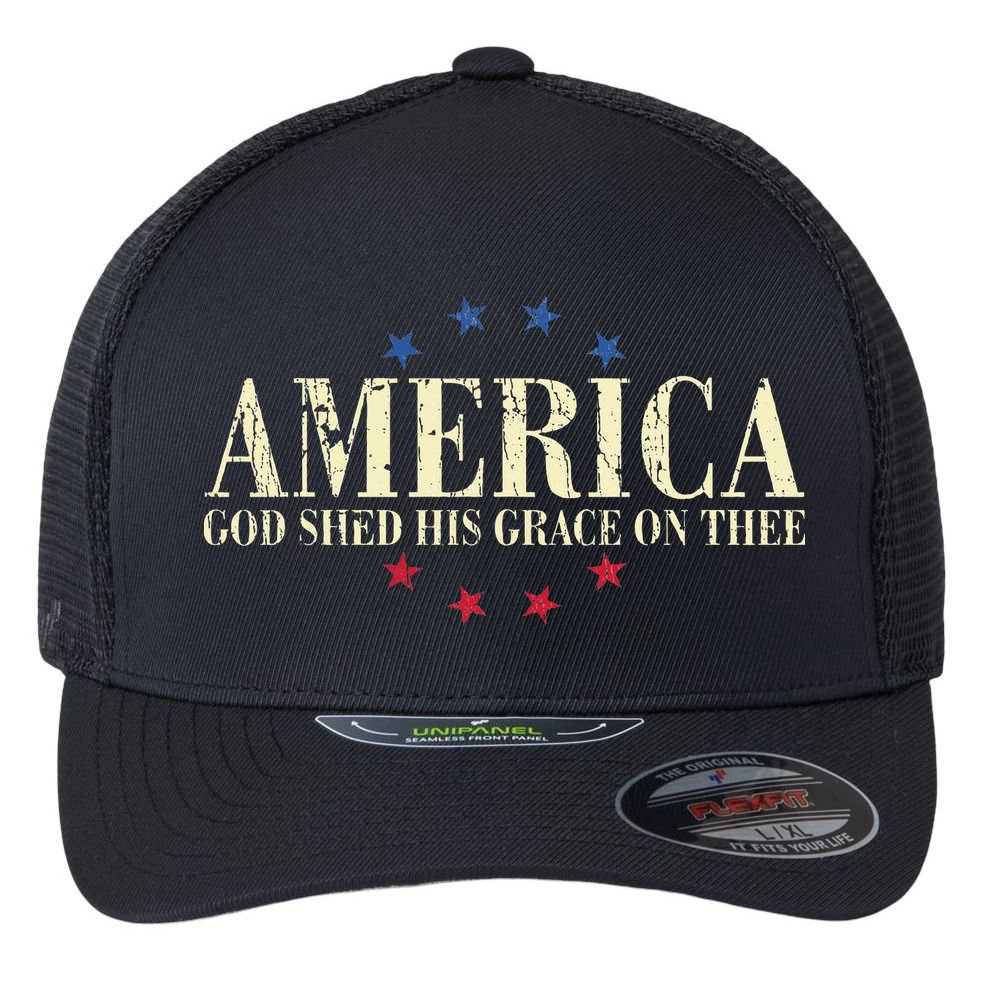 America God Shed His Grace On Thee 4th Of July Flexfit Unipanel Trucker Cap