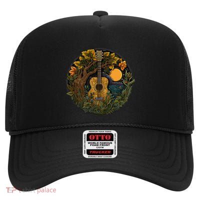 Acoustic Guitar Tree Guitarist Landscape Nature High Crown Mesh Back Trucker Hat