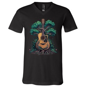 Acoustic Guitar Tree Musician Guitarist V-Neck T-Shirt