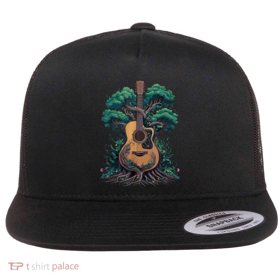 Acoustic Guitar Tree Musician Guitarist Flat Bill Trucker Hat