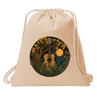 Acoustic Guitar Tree Guitarist Landscape Nature Drawstring Bag