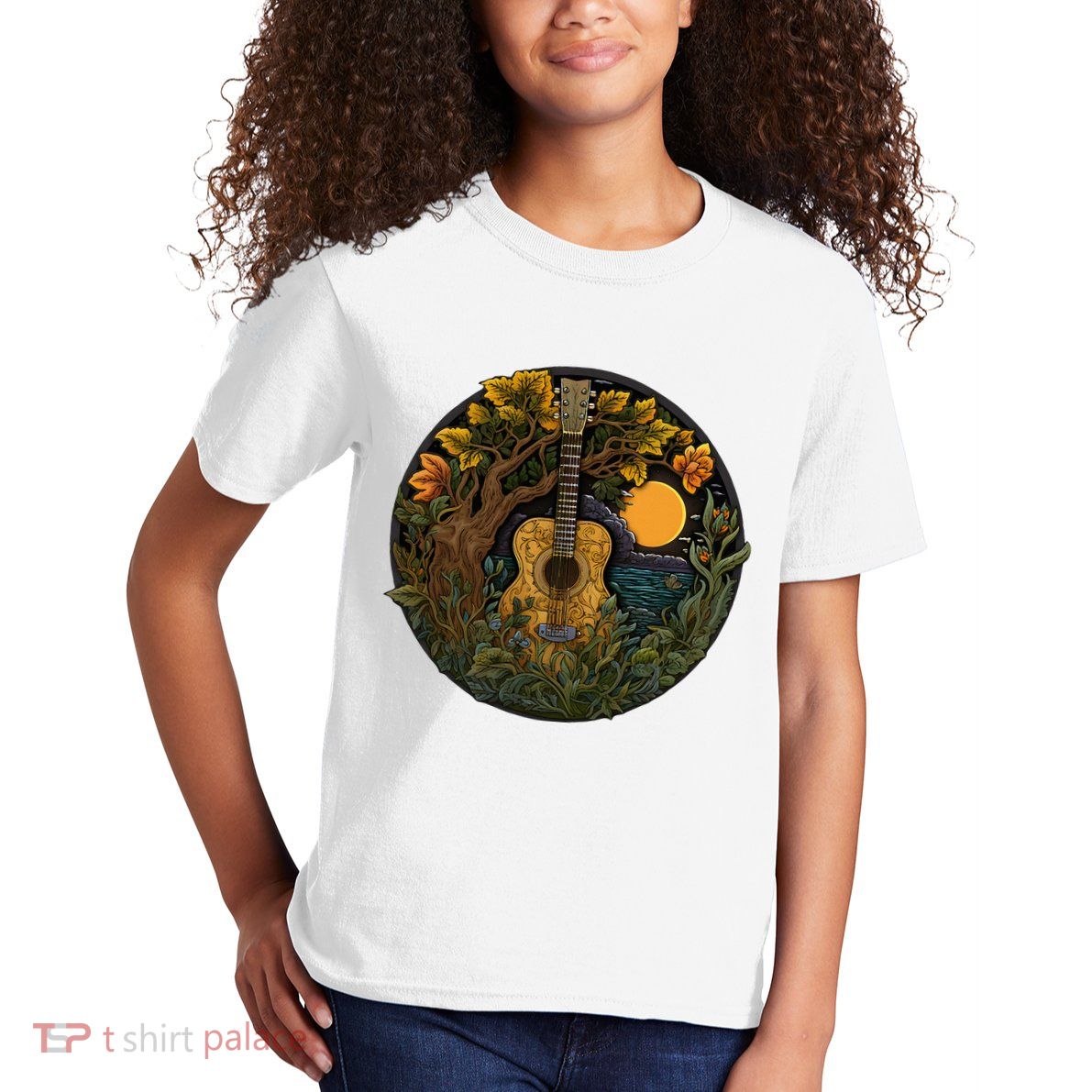 Acoustic Guitar Tree Guitarist Landscape Nature Kids T-Shirt