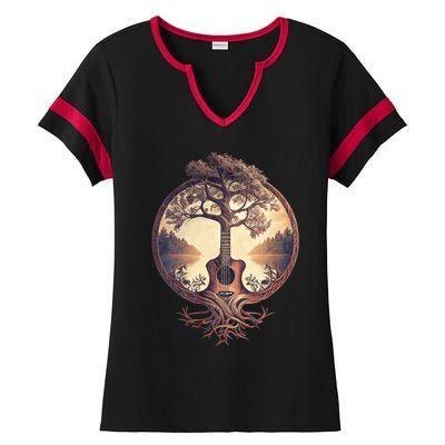 Acoustic Guitar Tree By The Lake Guitarist Nature Ladies Halftime Notch Neck Tee