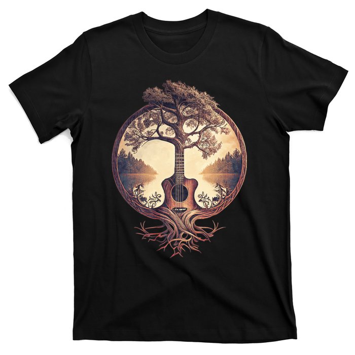 Acoustic Guitar Tree By The Lake Guitarist Nature T-Shirt