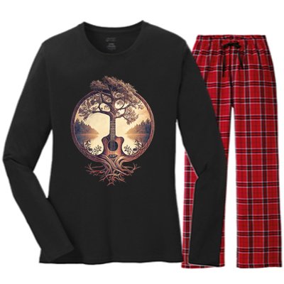 Acoustic Guitar Tree By The Lake Guitarist Nature Women's Long Sleeve Flannel Pajama Set 