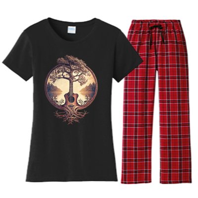 Acoustic Guitar Tree By The Lake Guitarist Nature Women's Flannel Pajama Set