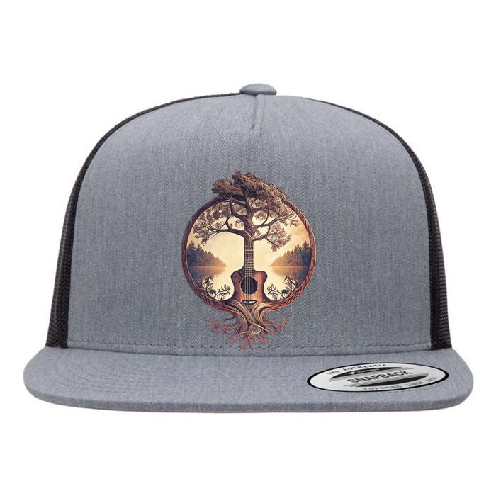 Acoustic Guitar Tree By The Lake Guitarist Nature Flat Bill Trucker Hat