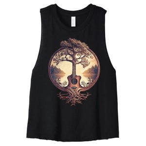 Acoustic Guitar Tree By The Lake Guitarist Nature Women's Racerback Cropped Tank