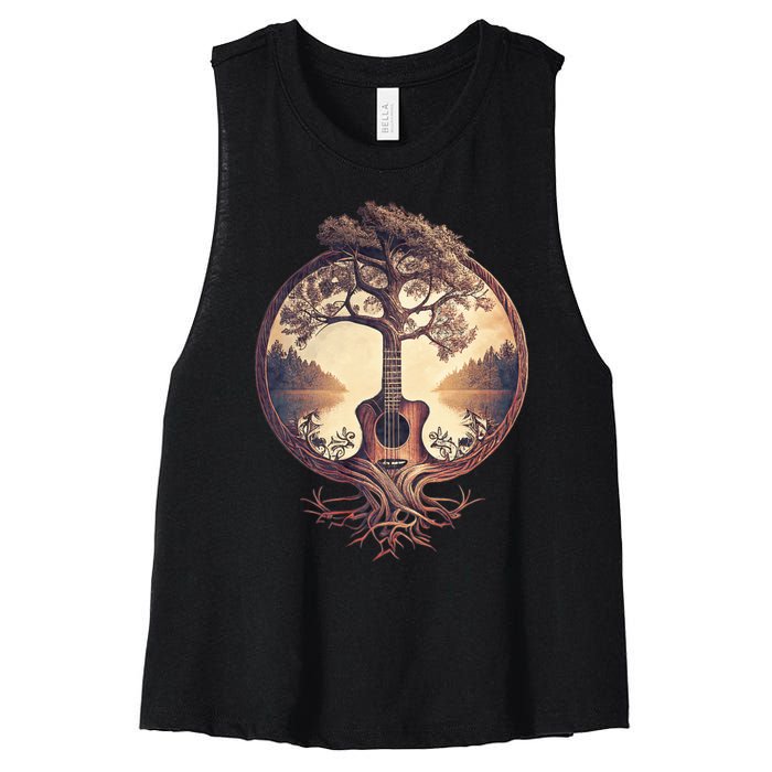 Acoustic Guitar Tree By The Lake Guitarist Nature Women's Racerback Cropped Tank