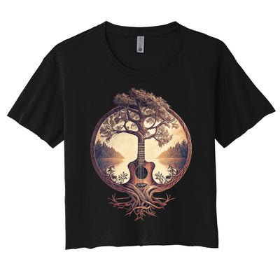 Acoustic Guitar Tree By The Lake Guitarist Nature Women's Crop Top Tee