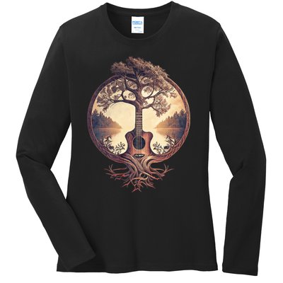 Acoustic Guitar Tree By The Lake Guitarist Nature Ladies Long Sleeve Shirt