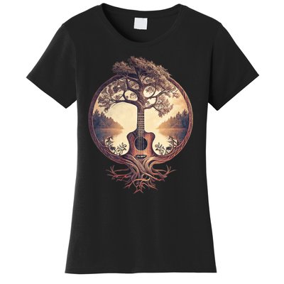 Acoustic Guitar Tree By The Lake Guitarist Nature Women's T-Shirt