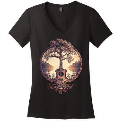 Acoustic Guitar Tree By The Lake Guitarist Nature Women's V-Neck T-Shirt