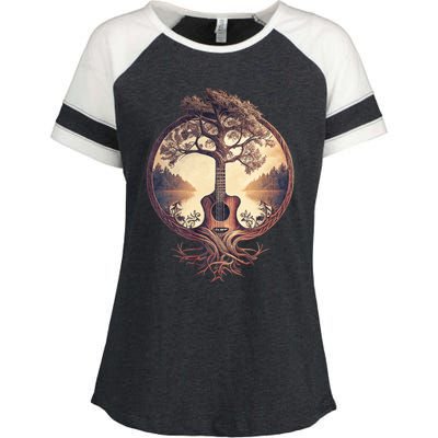 Acoustic Guitar Tree By The Lake Guitarist Nature Enza Ladies Jersey Colorblock Tee