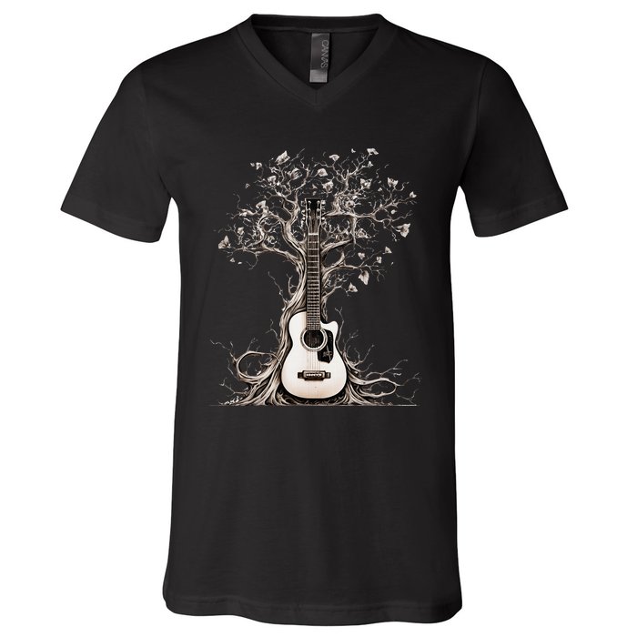 Acoustic Guitar Tree Of Life Nature Of Music Guitarist V-Neck T-Shirt