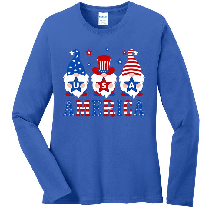 America Gnomes Usa American Flag 4th Of July Patriotic Gnome Gift Ladies Long Sleeve Shirt