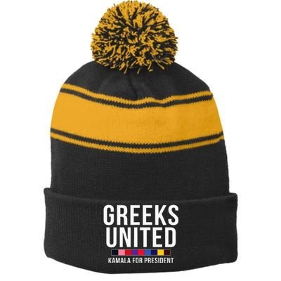 A Greeks United President Election Vote For Kamala Harris Stripe Pom Pom Beanie