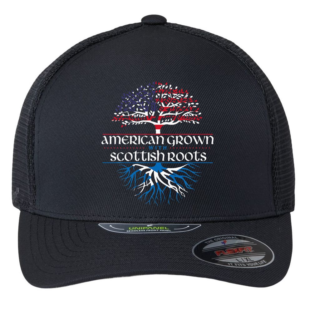 American Grown With Scottish Roots Scotland Pride Heritage Flexfit Unipanel Trucker Cap