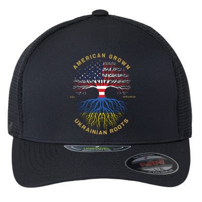 American Grown With Ukrainian Roots Tree Vintage Usa Flag Flexfit Unipanel Trucker Cap