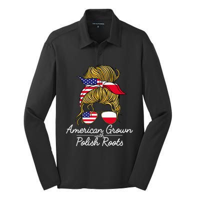 American Grown With Polish Roots Poland And Usa Flag Silk Touch Performance Long Sleeve Polo