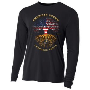 American Grown With Cherokee Roots Tree USA Flag Cooling Performance Long Sleeve Crew