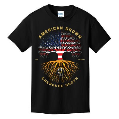 American Grown With Cherokee Roots Tree USA Flag Kids T-Shirt