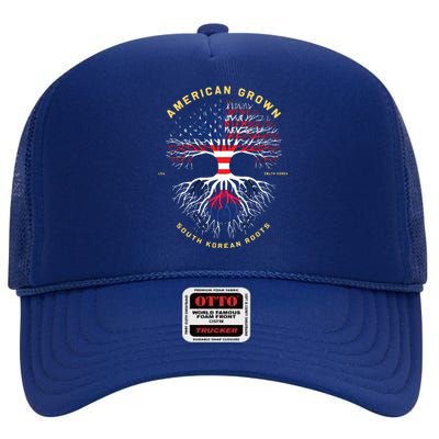 American Grown With South Korean Roots Tree USA Flag Gifts High Crown Mesh Back Trucker Hat