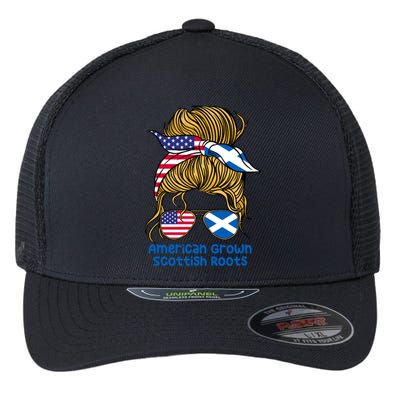 American Grown With Scottish Roots Messy Bun Cute Gift Flexfit Unipanel Trucker Cap