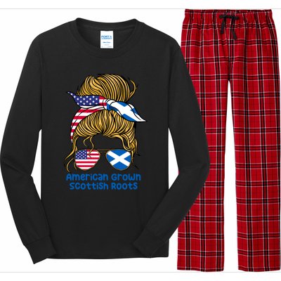 American Grown With Scottish Roots Messy Bun Cute Gift Long Sleeve Pajama Set