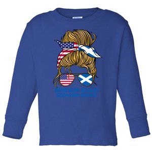 American Grown With Scottish Roots Messy Bun Cute Gift Toddler Long Sleeve Shirt