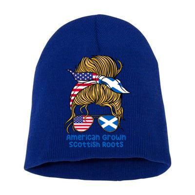 American Grown With Scottish Roots Messy Bun Cute Gift Short Acrylic Beanie