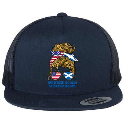 American Grown With Scottish Roots Messy Bun Cute Gift Flat Bill Trucker Hat