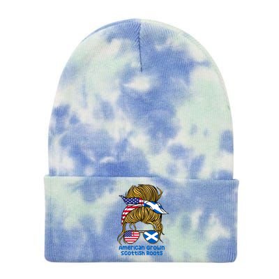 American Grown With Scottish Roots Messy Bun Cute Gift Tie Dye 12in Knit Beanie