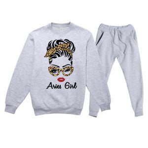 Aries Girl Woman Face Leopard Bandana Wink Eye Premium Crewneck Sweatsuit Set