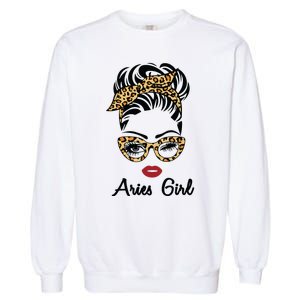 Aries Girl Woman Face Leopard Bandana Wink Eye Garment-Dyed Sweatshirt