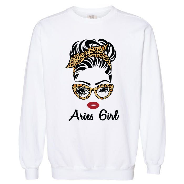 Aries Girl Woman Face Leopard Bandana Wink Eye Garment-Dyed Sweatshirt