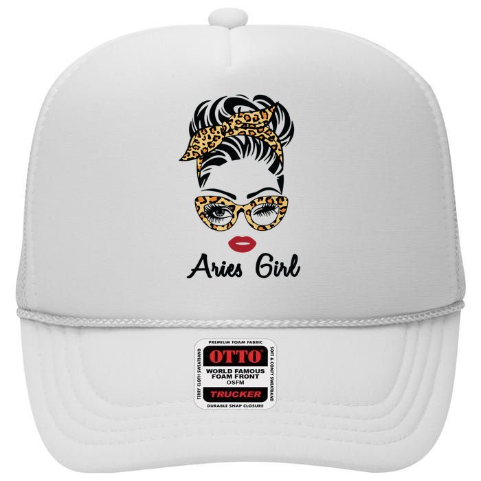 Aries Girl Woman Face Leopard Bandana Wink Eye High Crown Mesh Back Trucker Hat